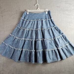 Tiered Denim Skirt Cowboy Chic Boho Western Blue Size 8 Cotton